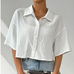 Oversized Button Down Short Sleeve Shirt Textured Collared Crop Top White